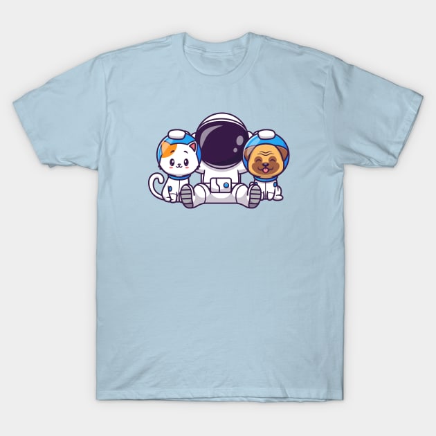 Cute Astronaut With Cat And Pug Dog Cartoon T-Shirt by Catalyst Labs